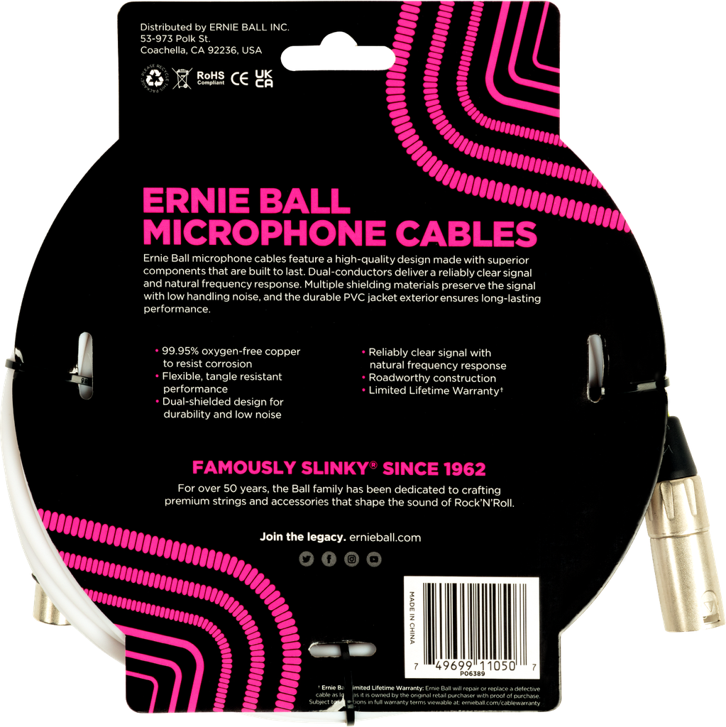 Ernie Ball 20' Male Female XLR Microphone Cable White The Laboratory